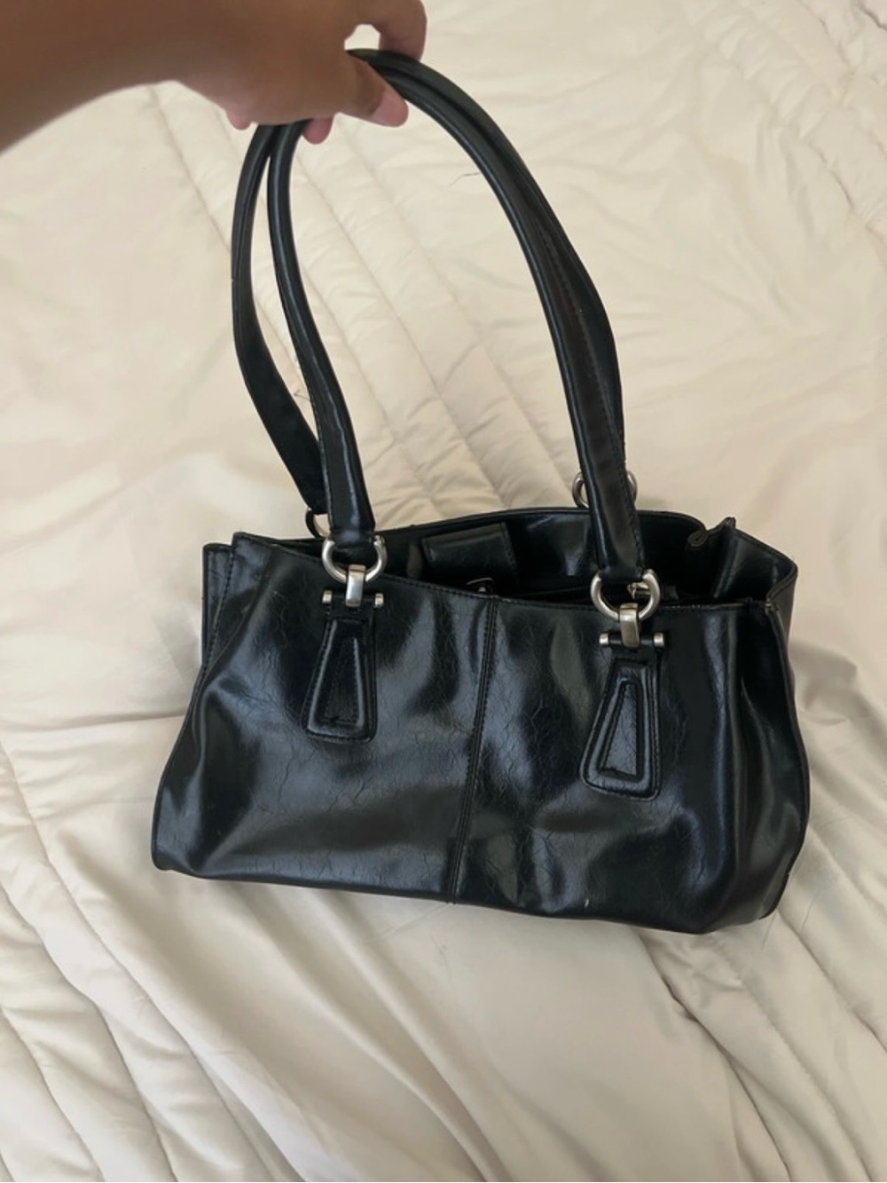 Liz Claiborne Black Patent Shoulder Bag with Silver Hardware